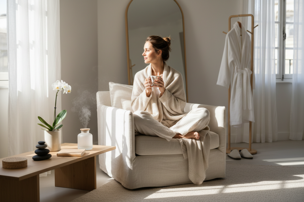 Femme détendue dans un intérieur lumineux, ambiance douce et apaisante, symbole de bien-être et d’équilibre.