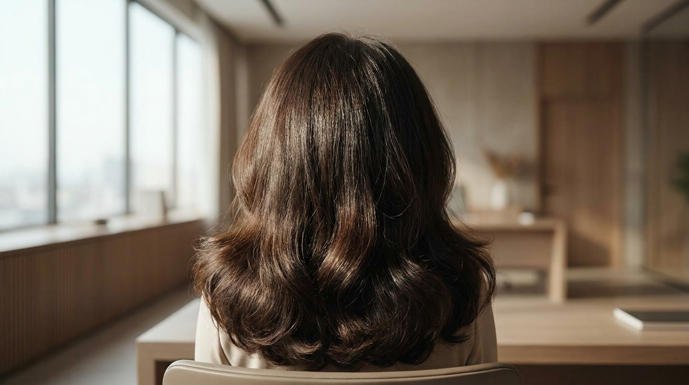 Vue arrière d'une femme aux cheveux bruns et brillants assis dans un bureau lumineux.