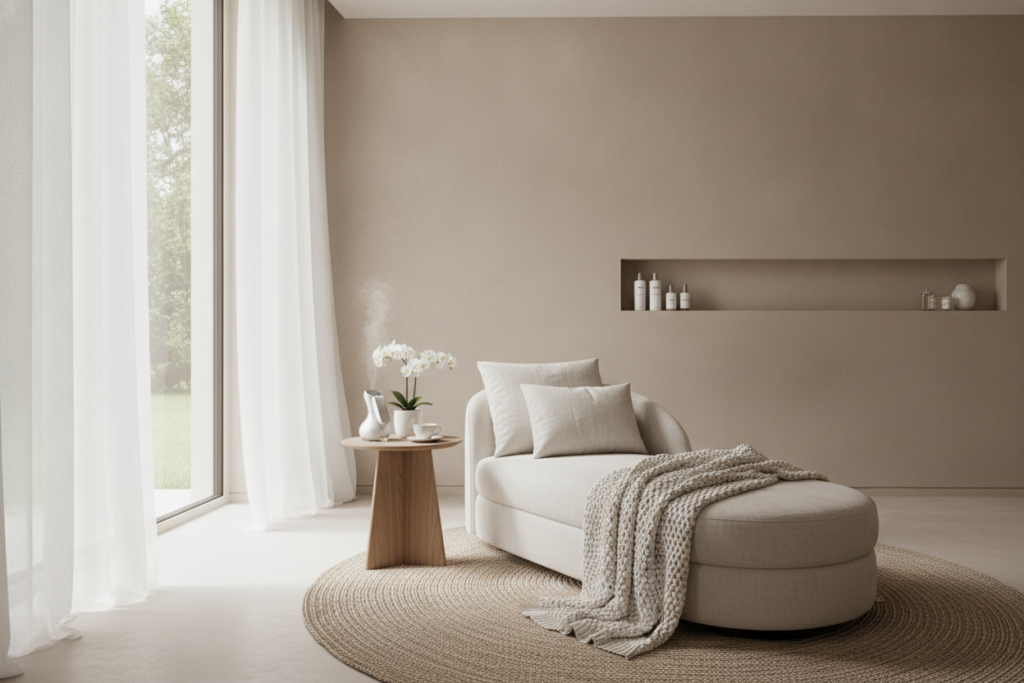 Un espace apaisant et lumineux avec coussins, plaid doux et ambiance bien-être dans un cadre esthétique élégant.