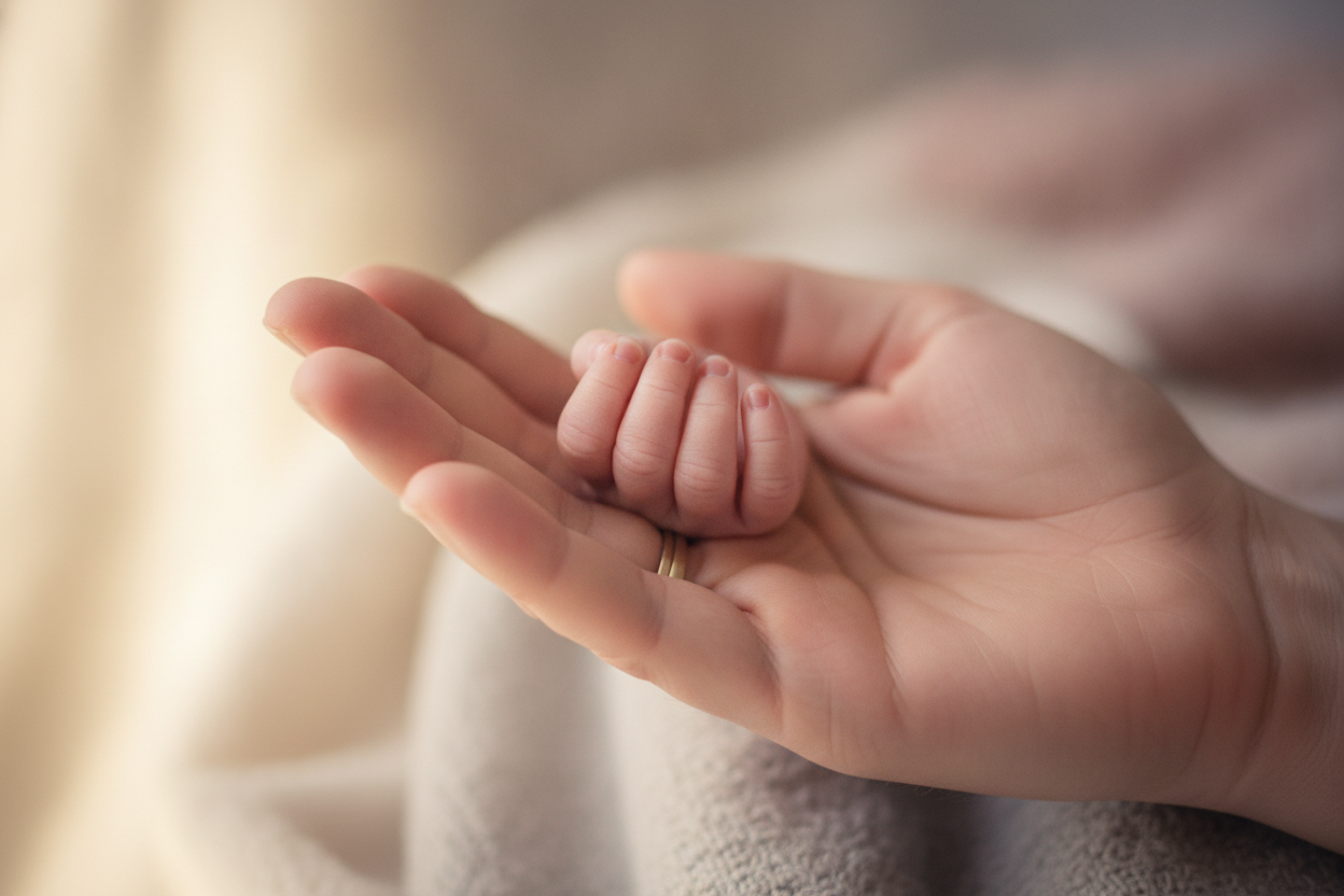Gros plan de la main minuscule d'un nouveau-né reposant délicatement sur la paume d'un parent.
