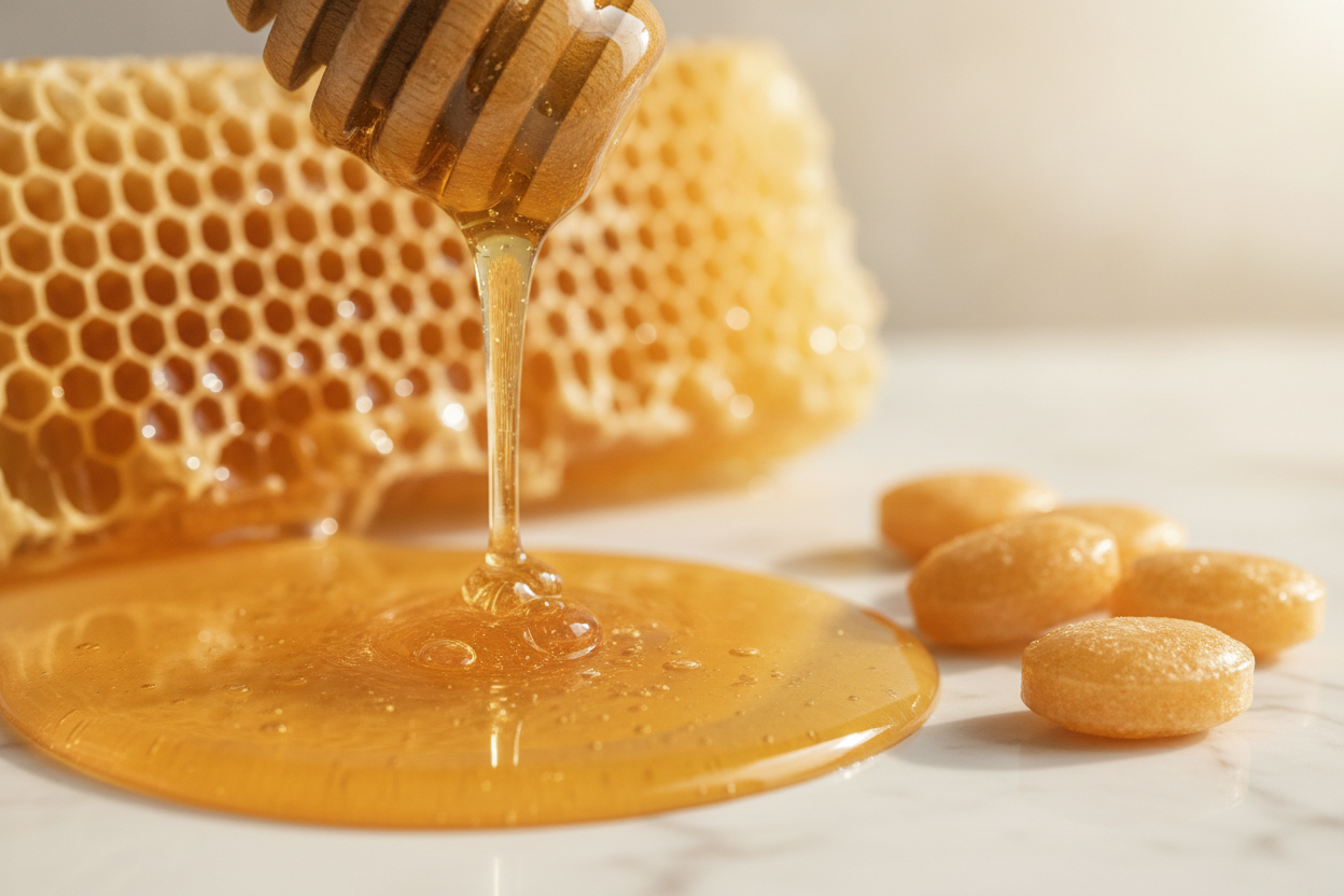 Gros plan du miel doré s'écoulant d'une cuillère en bois avec pastilles pour la gorge et rayon de miel en arrière-plan