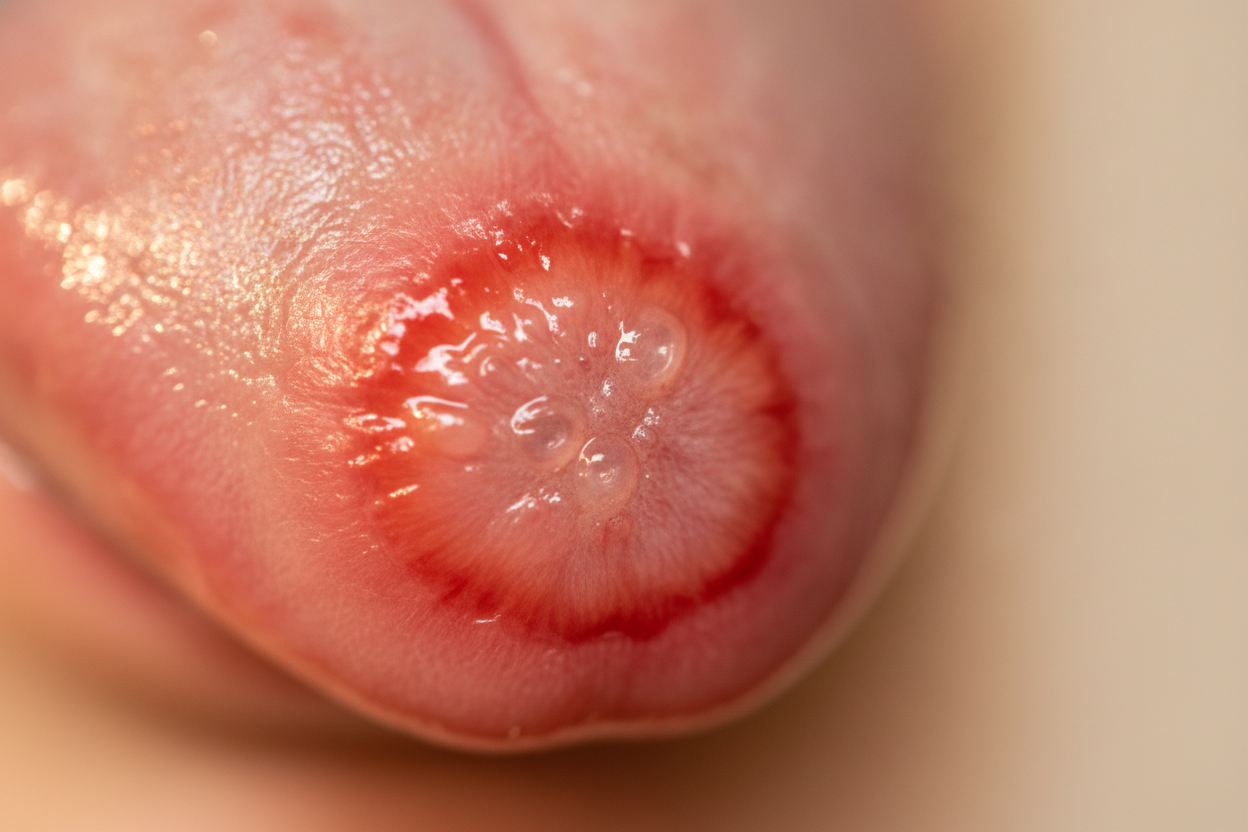 Gros plan d'une langue avec une brûlure thermique rouge et enflammée, visible et récente.
