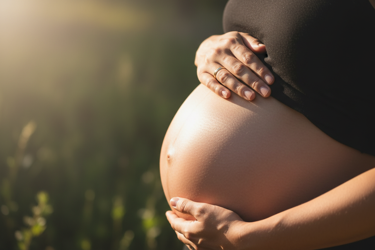 Femme enceinte tenant son ventre avec douceur sous lumière naturelle douce.