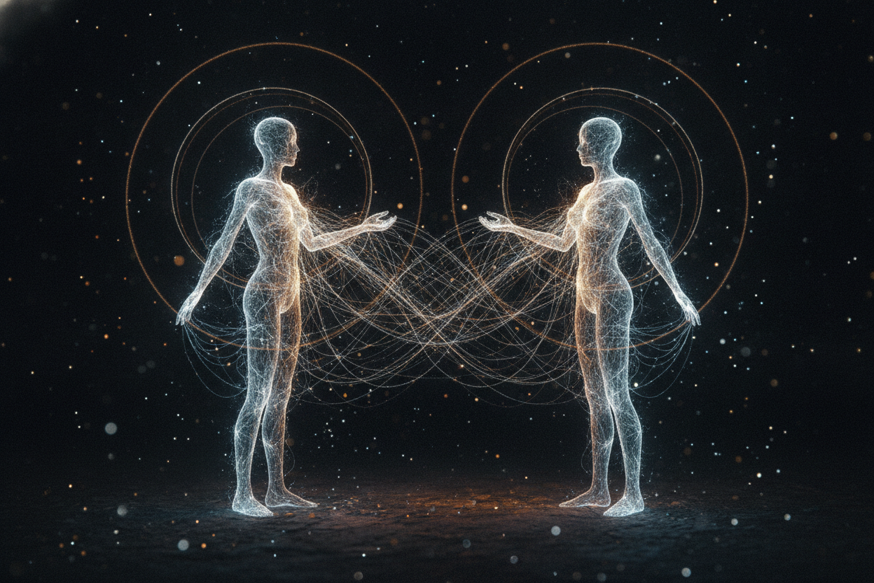 Deux silhouettes lumineuses face à face reliées par des filaments de lumière étincelante symbolisant la connexion spirituelle.
