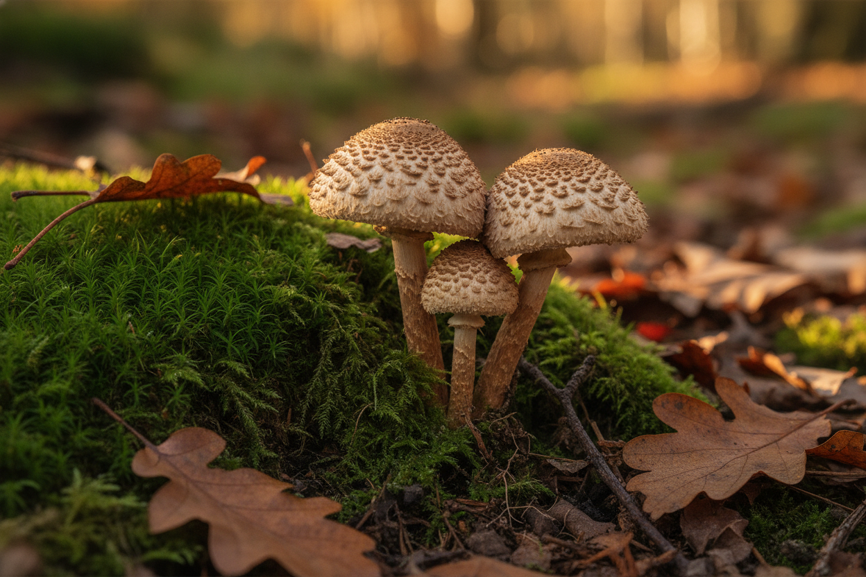 Petites lépiotes toxiques avec chapeau écaillé et anneau sur le pied, photographiées en gros plan dans un environnement forestier naturel.