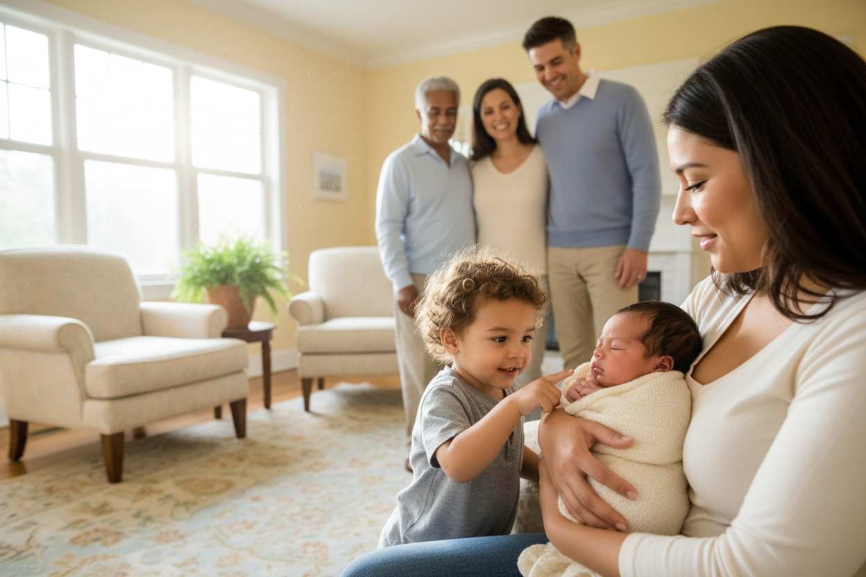 Famille multigénérationnelle réunie autour d'un nouveau-né dans un salon lumineux et chaleureux.
