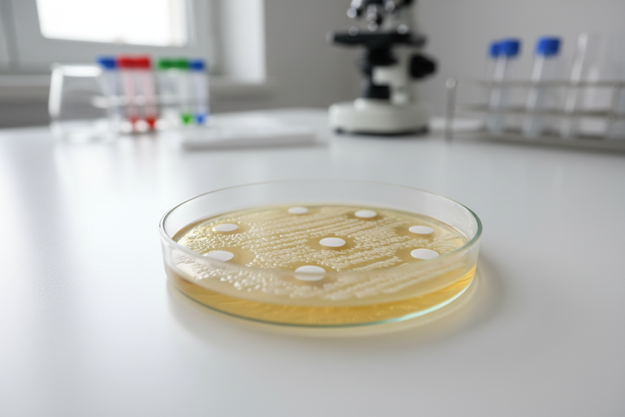 Boîte de Pétri avec antibiogramme montrant des disques antibiotiques disposés sur une culture bactérienne en laboratoire.