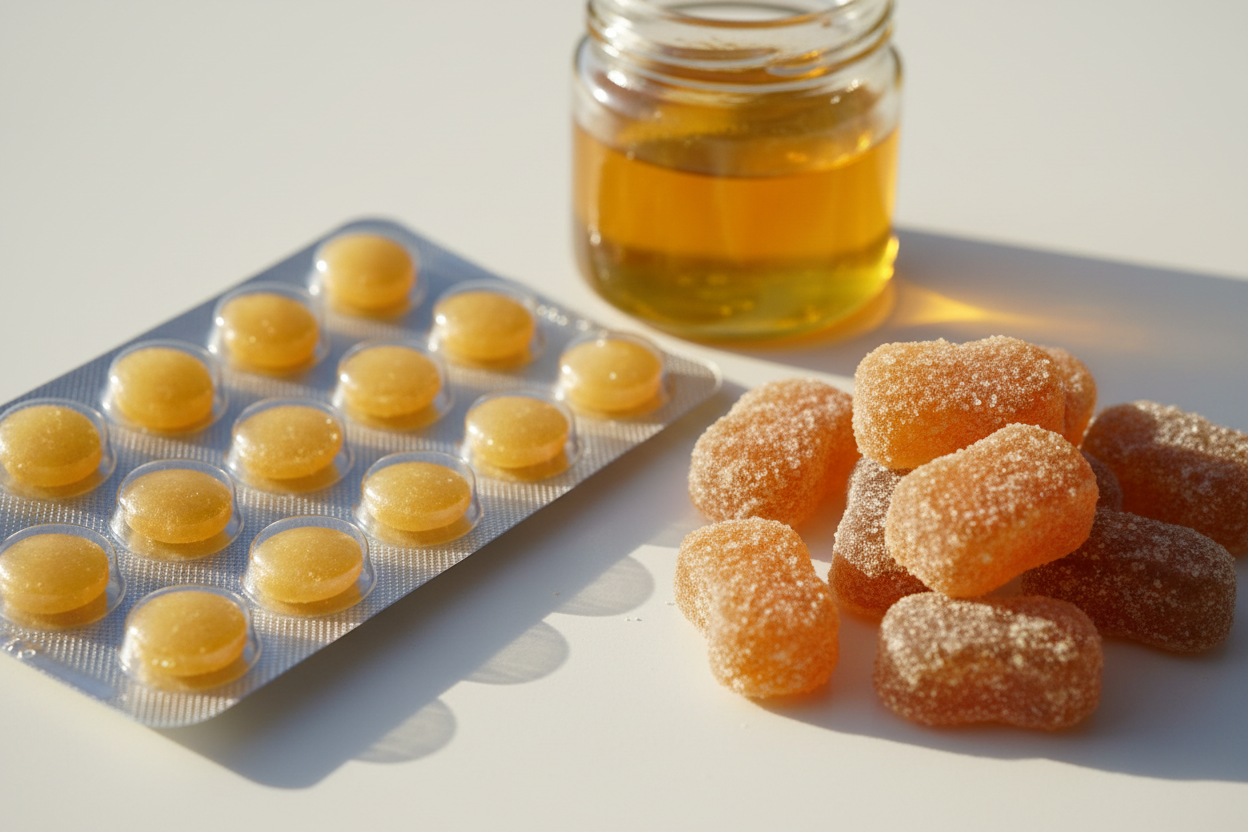 Comparaison visuelle entre bonbons pharmaceutiques au miel et bonbons artisanaux artisanaux.