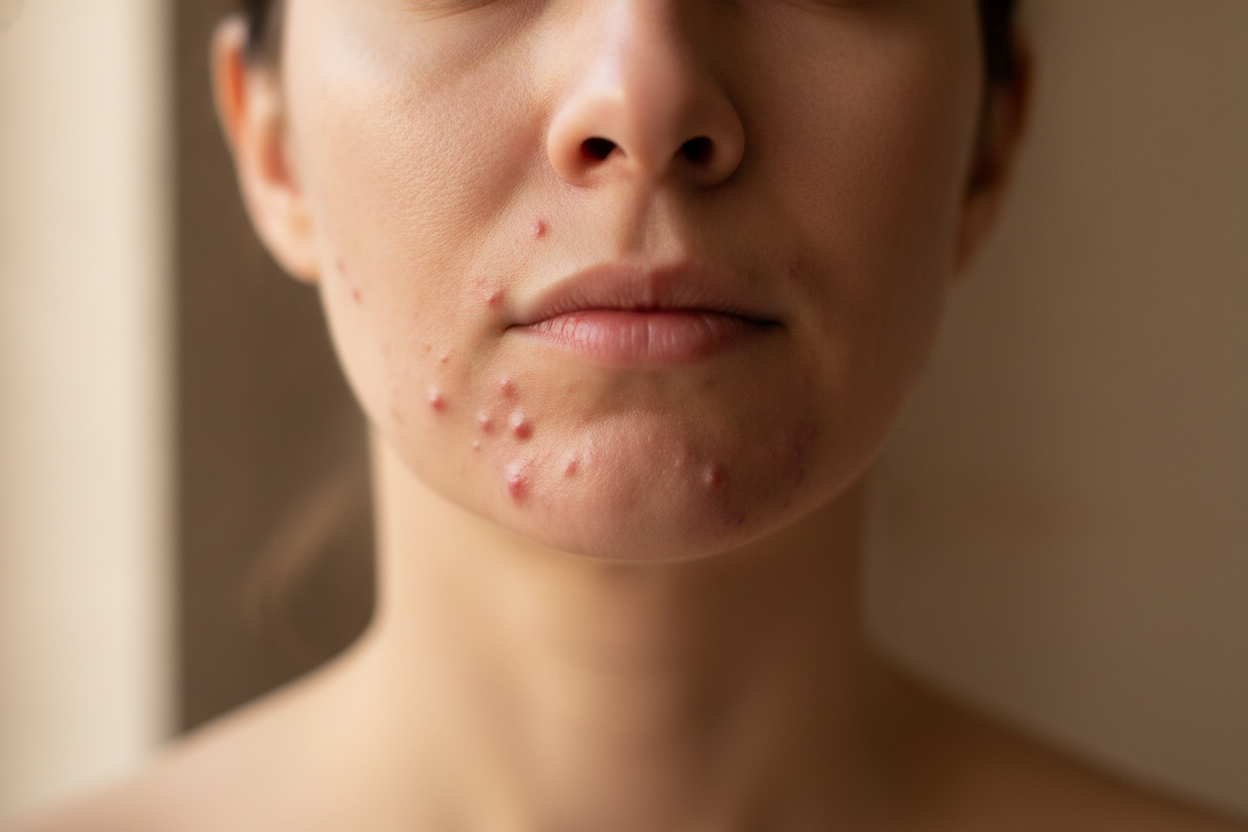 Gros plan réaliste d'acné hormonale au menton avec inflammation et blemishes visibles.