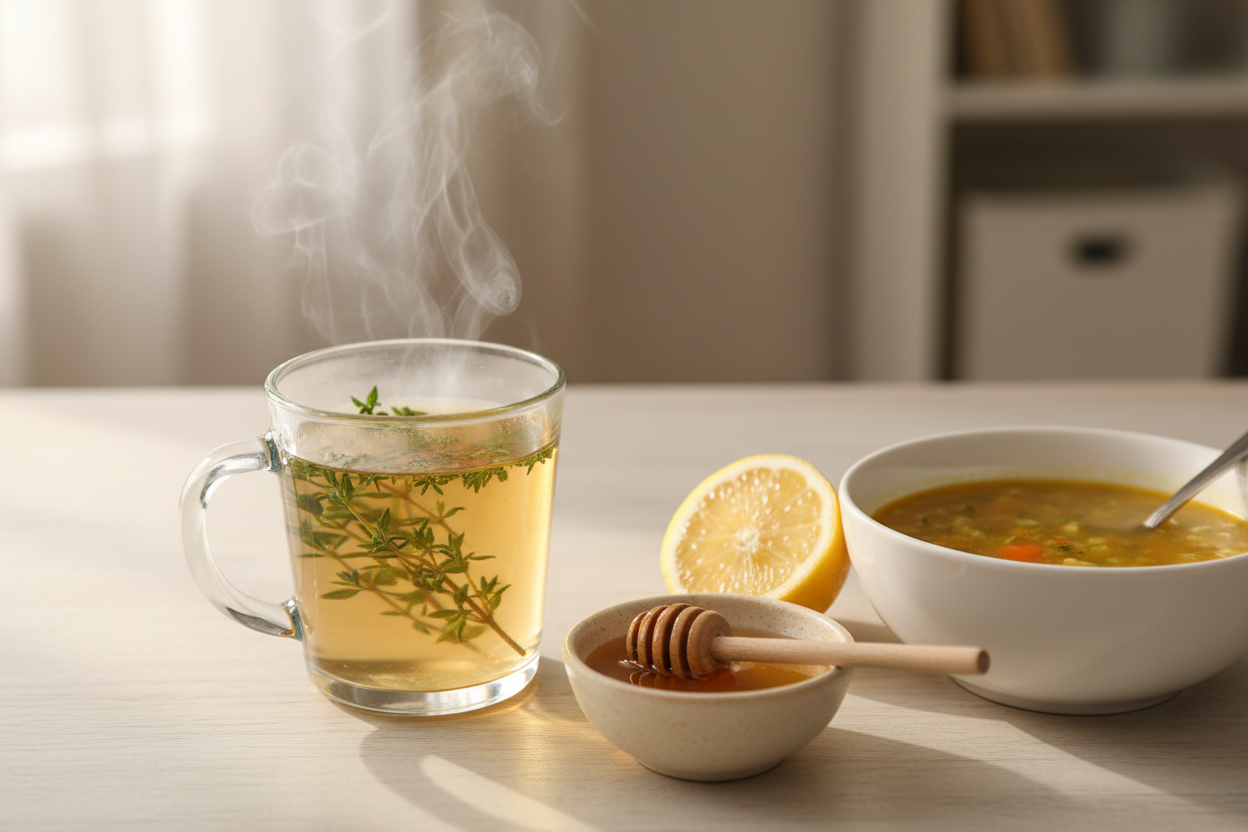 Tisane de thym, miel et bouillon de légumes posés sur une table en bois, remèdes naturels pour la bronchite.