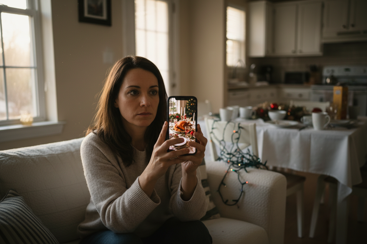 Femme épuisée comparant sur son téléphone une table de Noël parfaite avec sa propre réalité désordonnée.