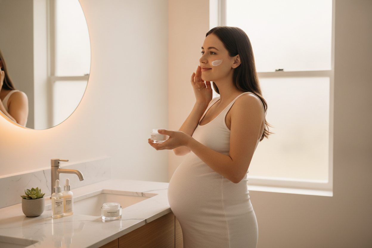 Femme enceinte appliquant sa routine de soins visage et corps avec crèmes hydratantes et sérums sûrs.