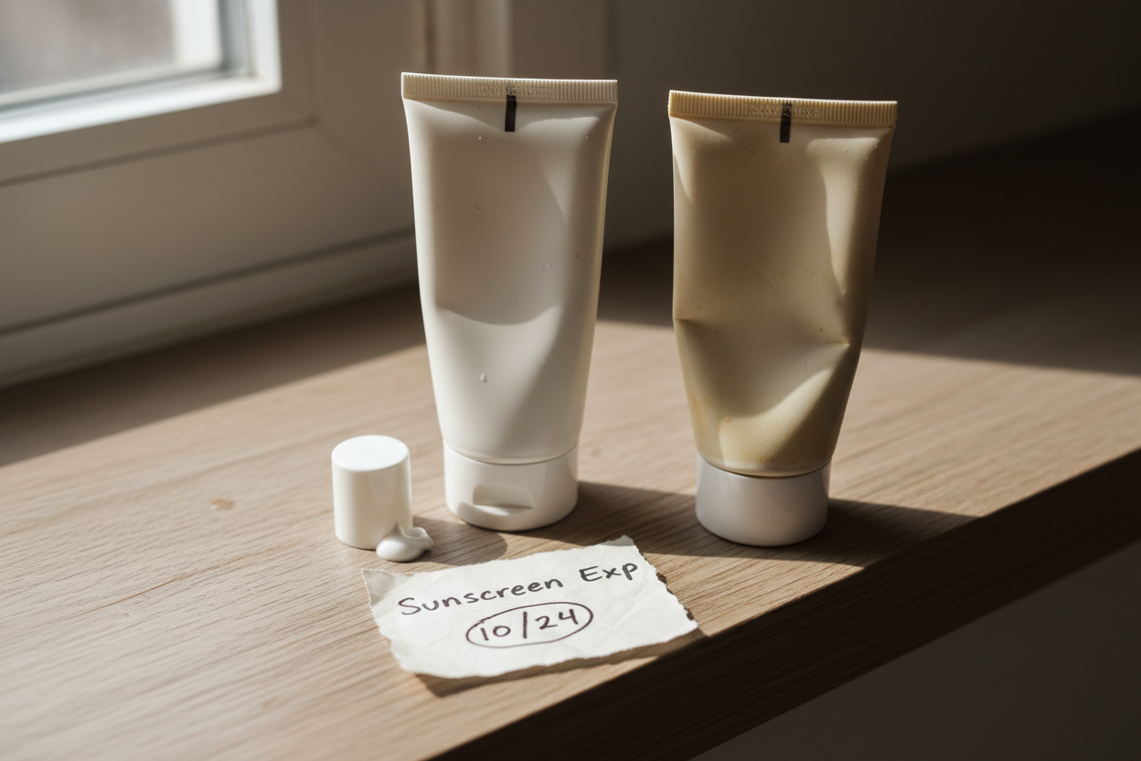 Deux tubes de crème solaire bio posés sur une étagère, illustrant la gestion de la durée de vie après ouverture.