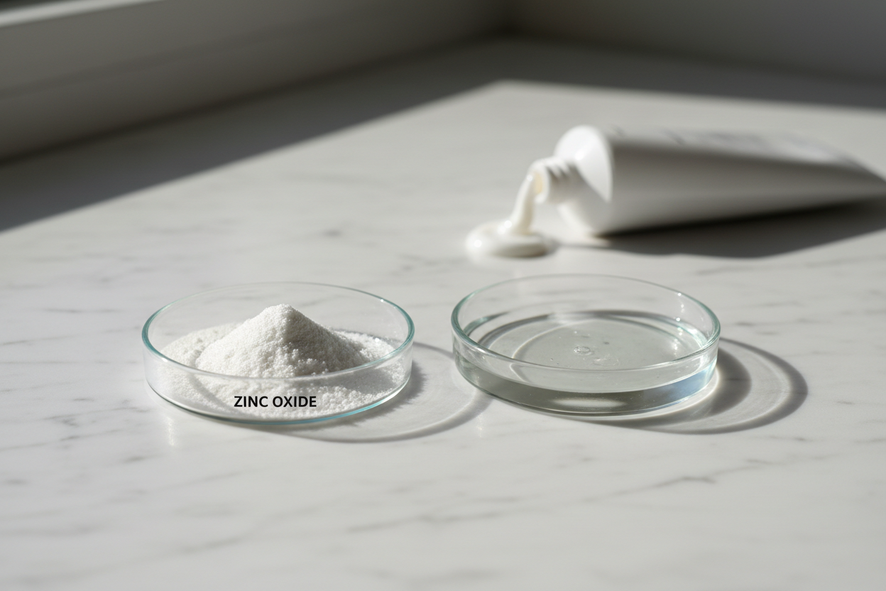 Comparaison visuelle entre filtre minéral en poudre et filtre chimique liquide pour crème solaire.