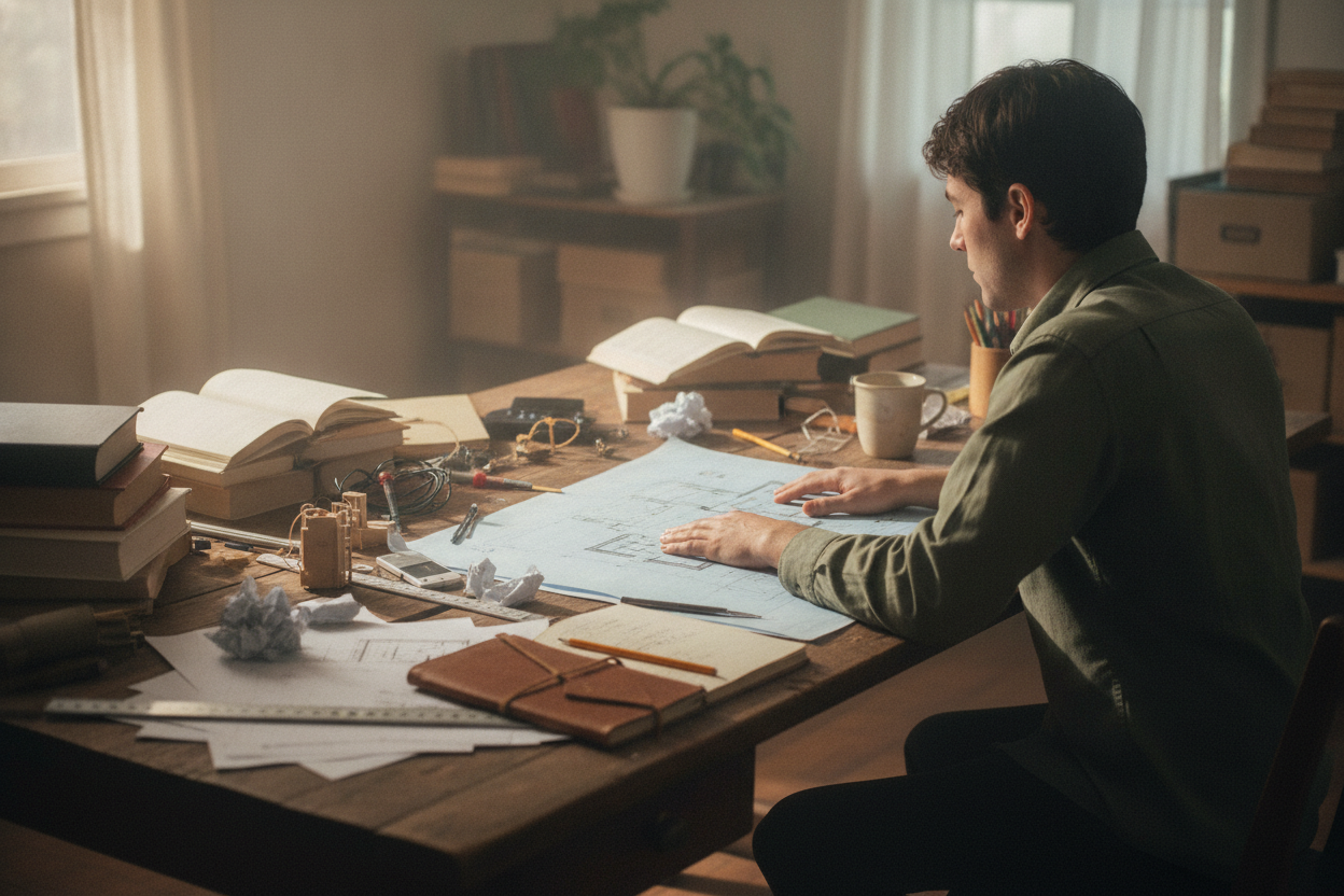 Bureau encombré de projets en cours illustrant les obstacles et l'effort persistant dans le travail.
