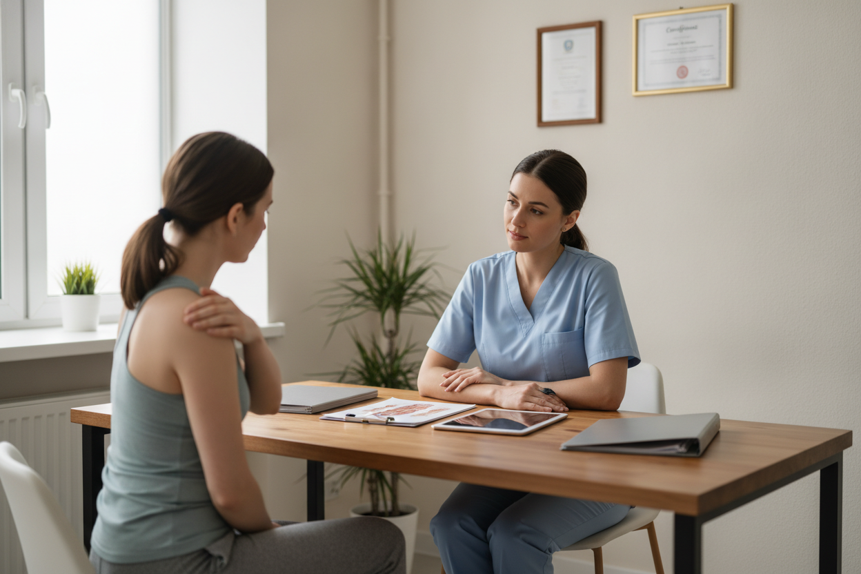 Kinésithérapeute en consultation avec une patiente dans un cabinet médical lumineux et professionnel.