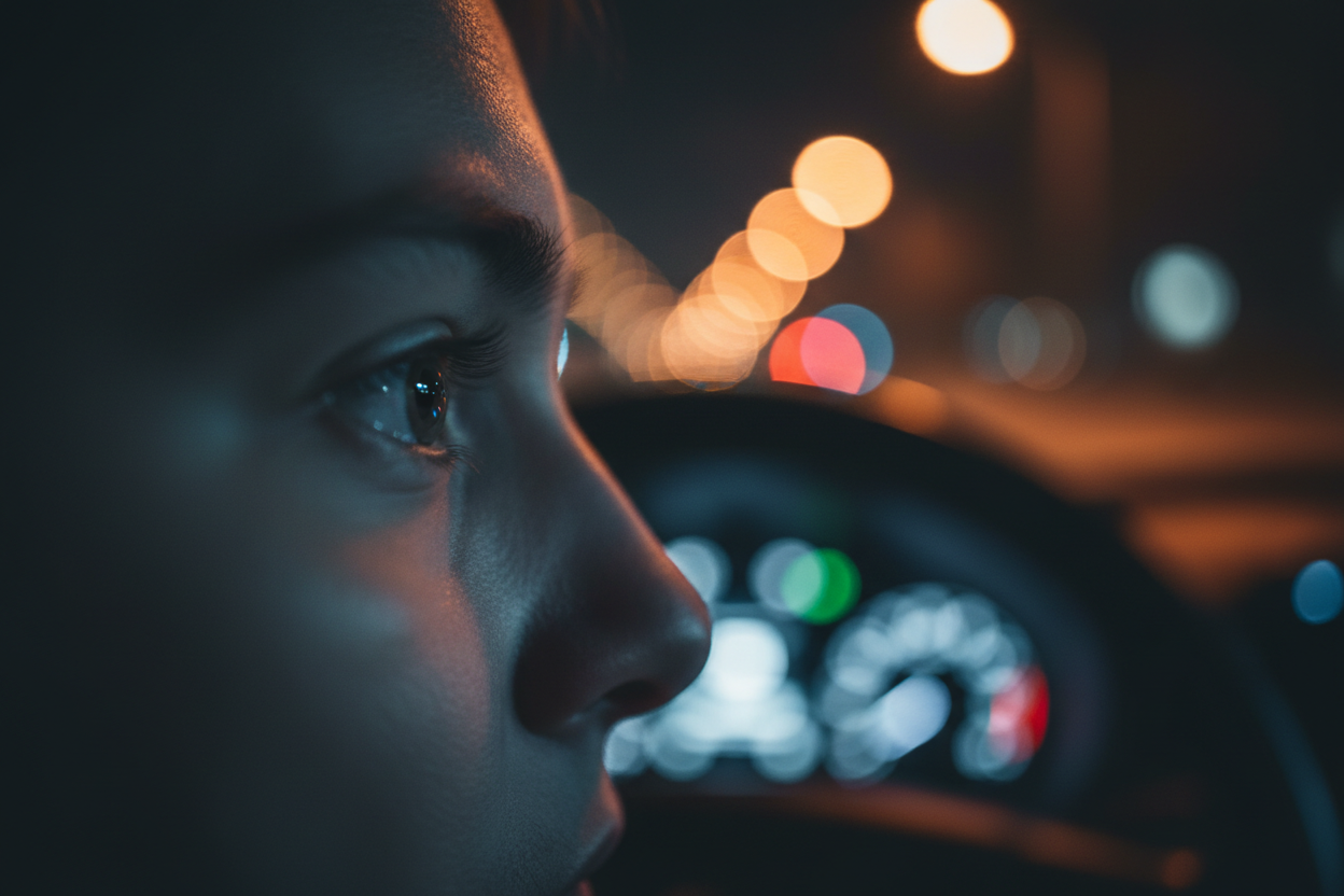 Gros plan d'un œil avec pupille rétrécie en environnement peu éclairé, illustrant les risques liés à la conduite nocturne.