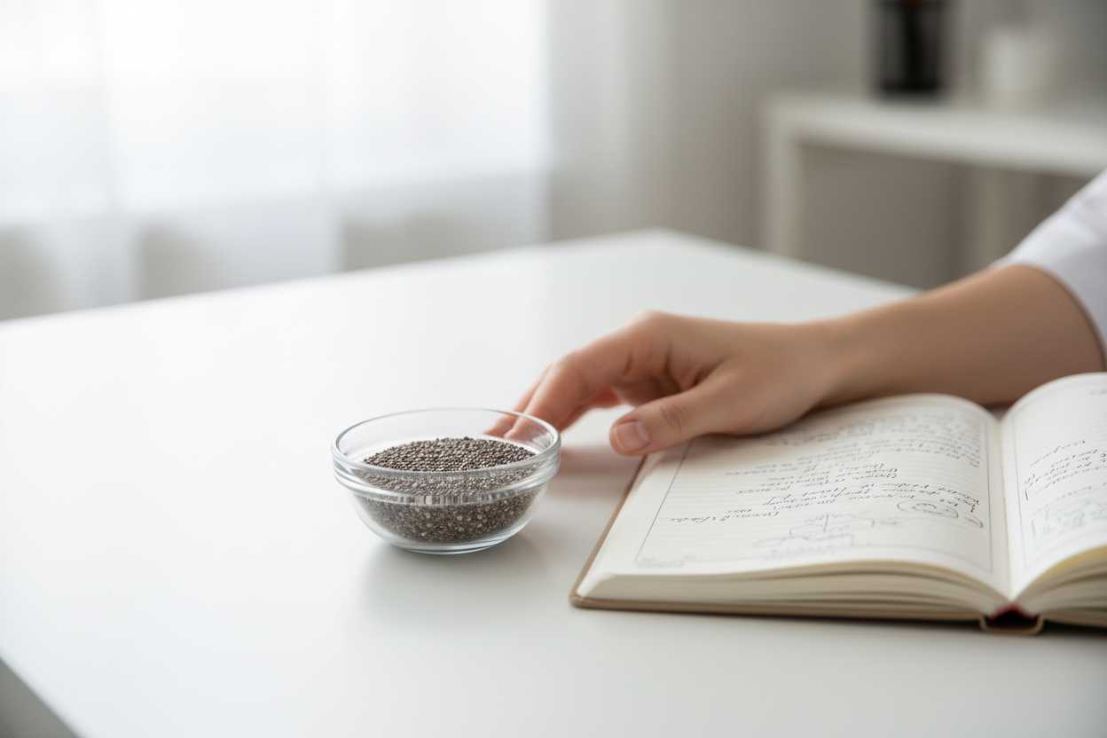 Bol de graines de chia posé près d'un carnet médical lors d'une consultation de santé.