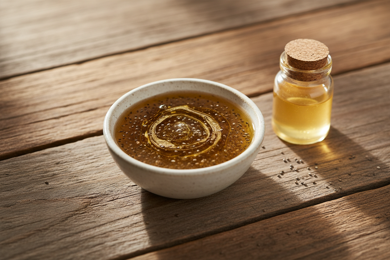 Masque maison à base de gel de graines de chia, huile d'argan et miel posé sur une surface en bois.