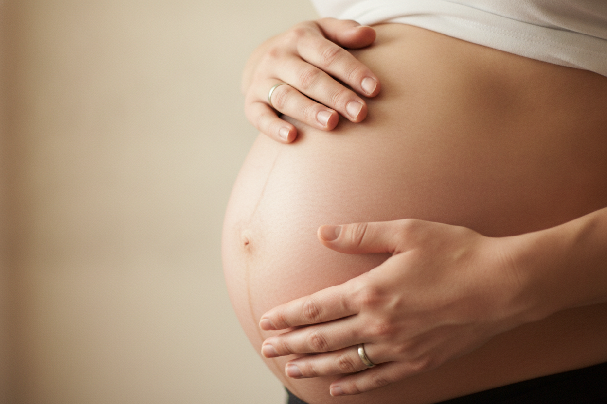 Femme enceinte avec les mains protectrices sur son ventre, illustrant les contre-indications de la menthe poivrée.
