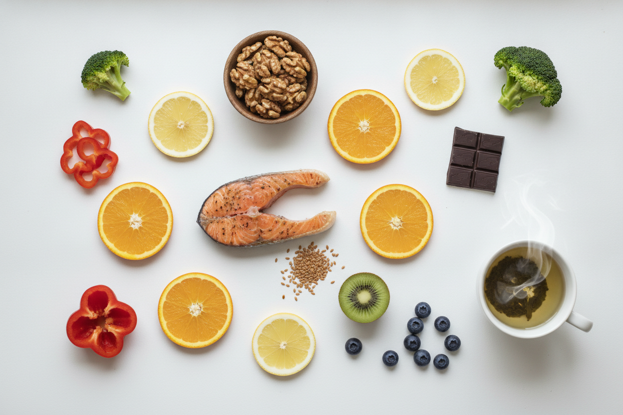 Aliments anti-inflammatoires riches en oméga-3, vitamine C et polyphénols disposés sur une surface claire.