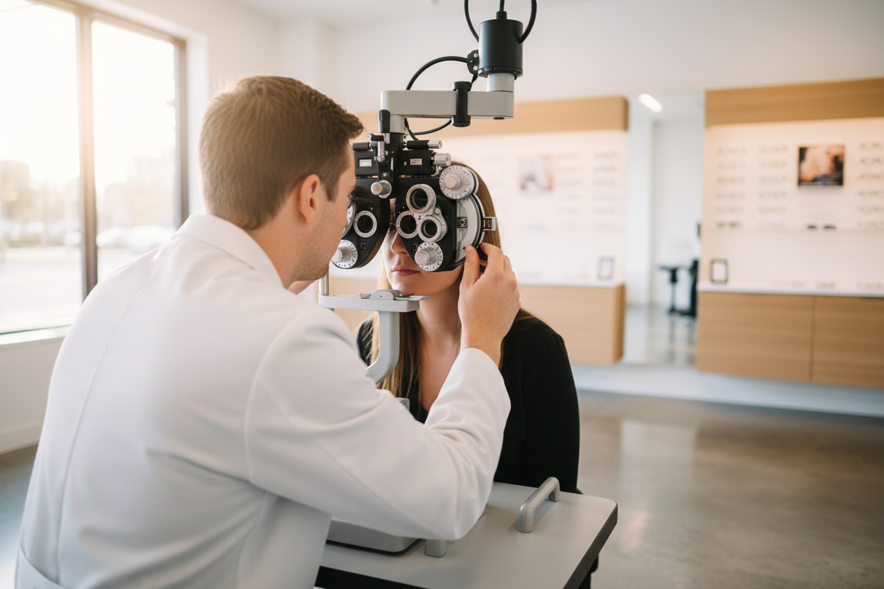 Opticien réalisant un test de vue avec un patient à l'aide d'un appareil de réfraction professionnel en magasin.