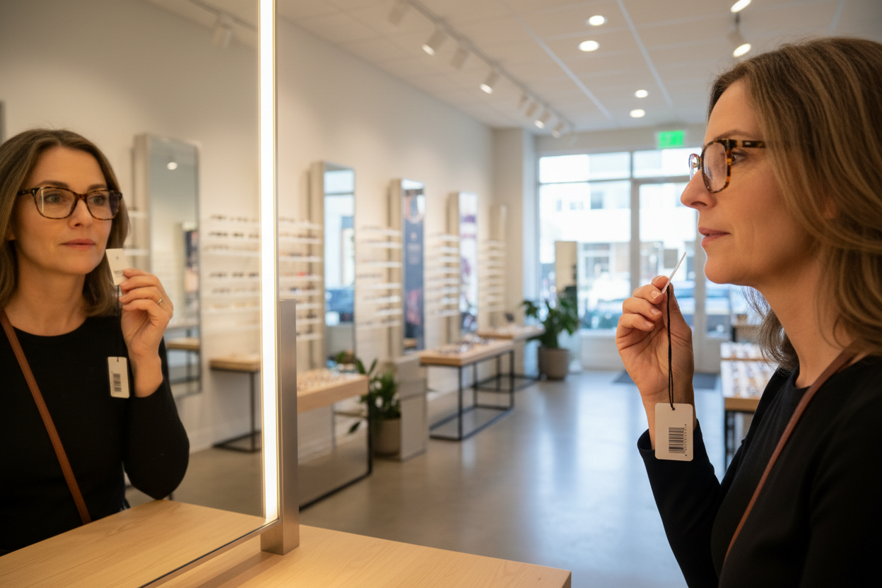Cliente satisfaite essayant des lunettes dans un magasin d'optique moderne avec des rangées de montures en arrière-plan.