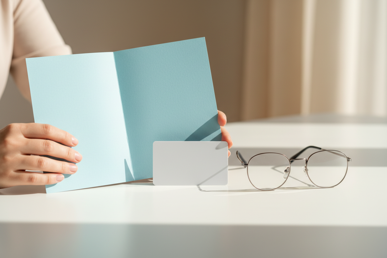 Des mains tenant une carte de mutuelle et des lunettes correctrices posées sur un bureau clair.