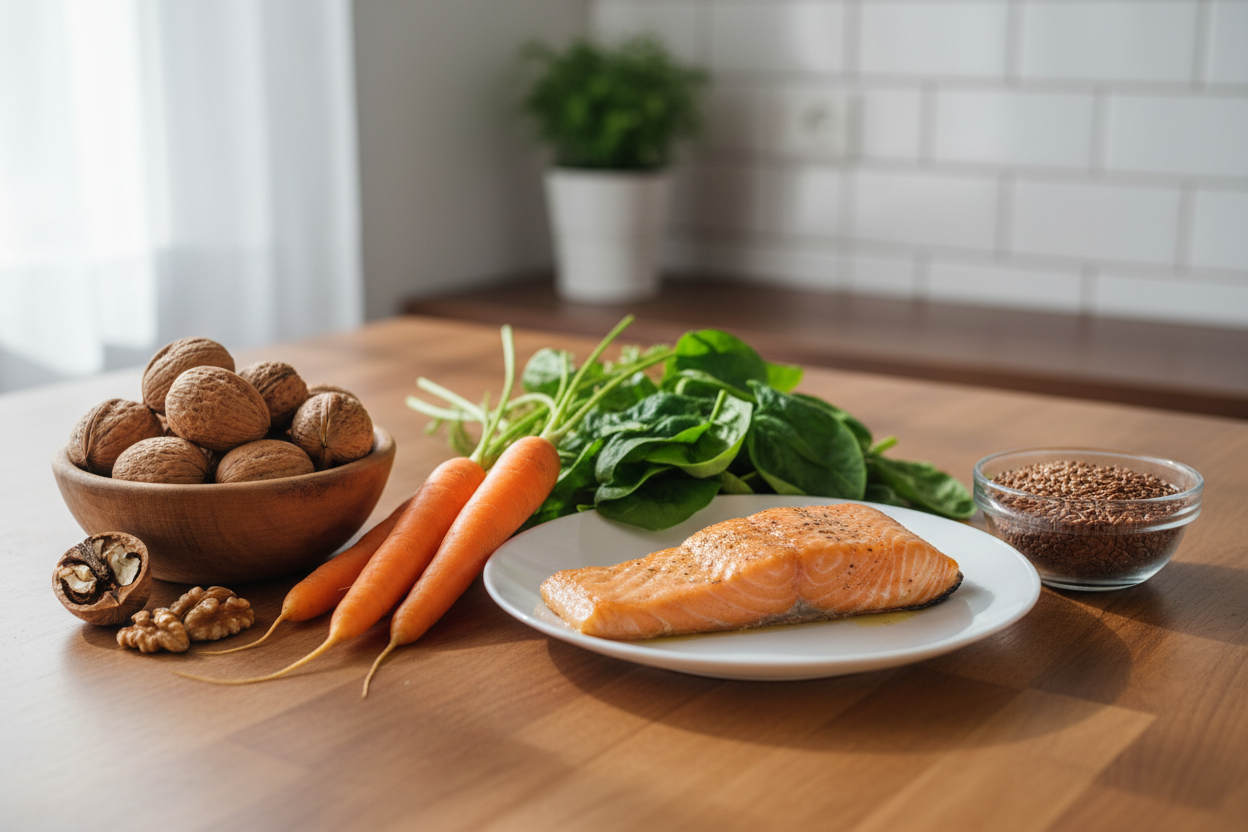 Aliments riches en oméga-3, vitamine A et lutéine disposés sur une table en bois naturel.
