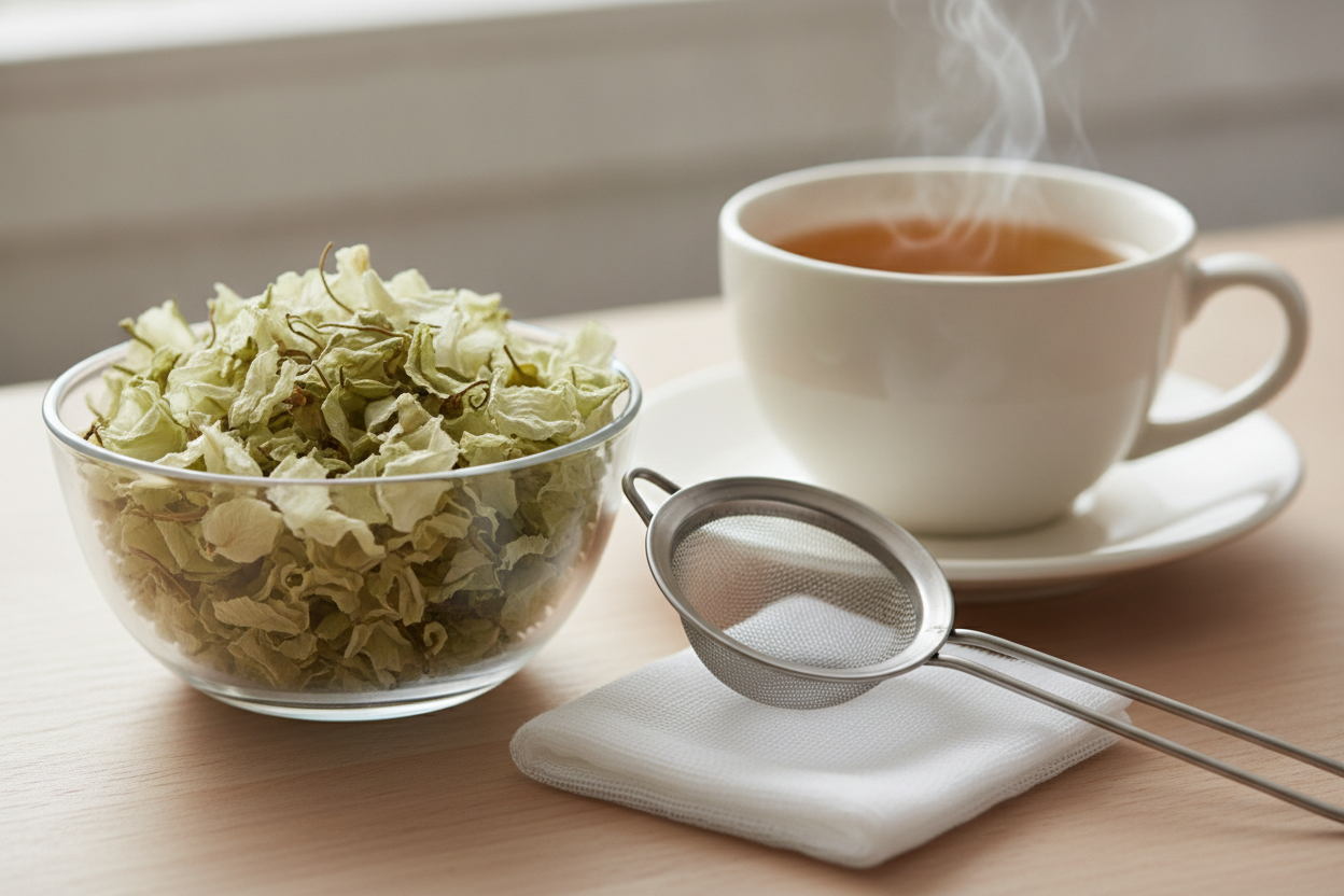 Préparation d'une infusion d'euphraise avec plante séchée, tasse et compresse stérile