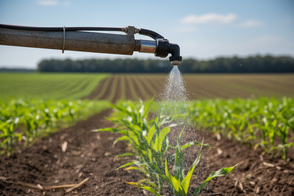 Équipement de pulvérisation de pesticides agricoles en gros plan lors d'une application en champ.