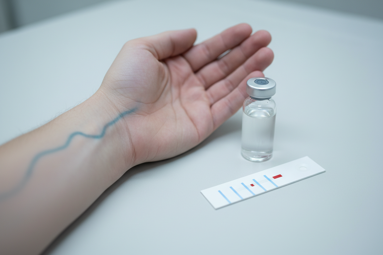 Gros plan sur un poignet et un tube d'analyse sanguine évoquant les marqueurs inflammatoires liés au manque de sommeil chronique.