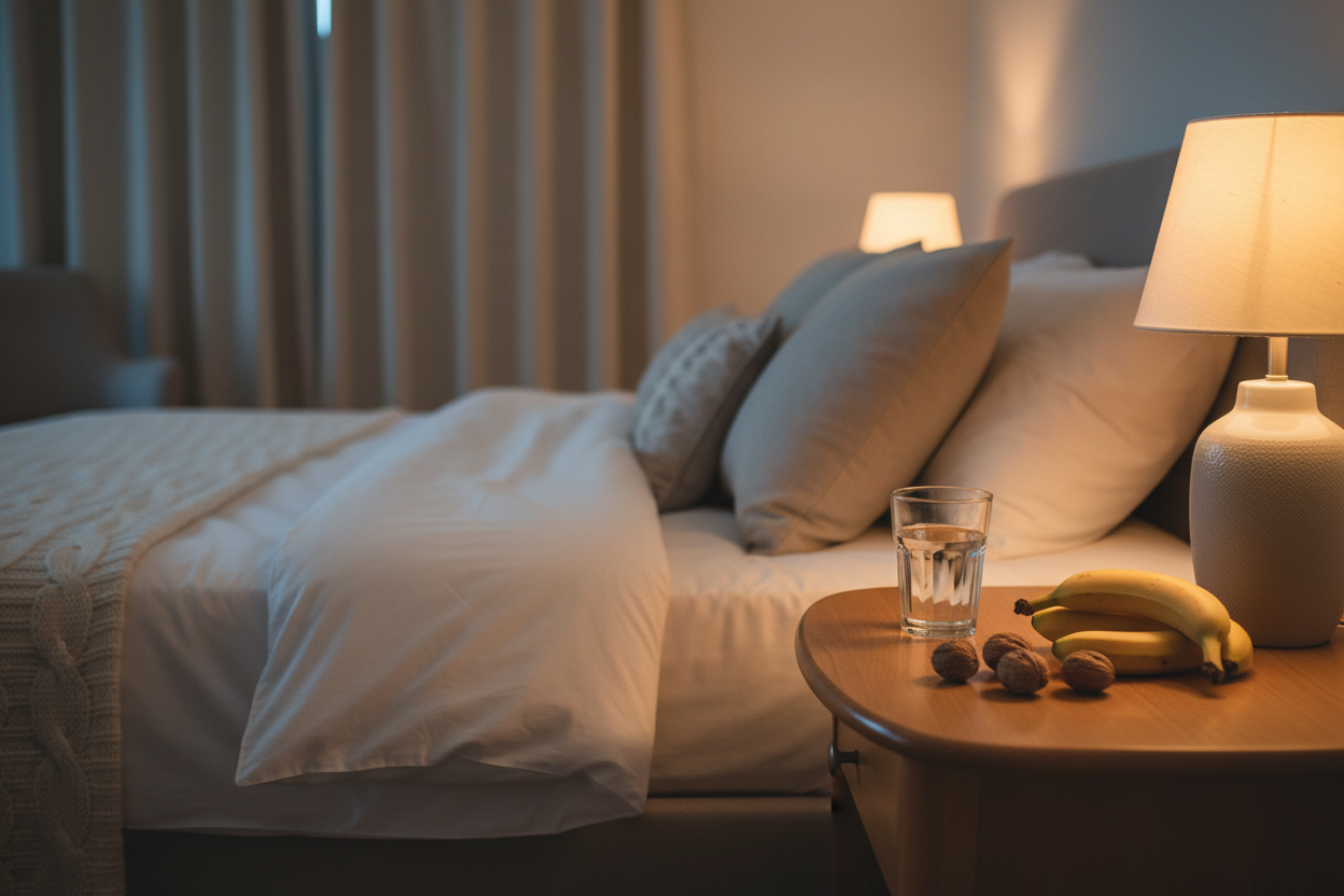 Chambre fraîche et apaisante avec collation naturelle posée sur une table de nuit favorisant un sommeil réparateur.