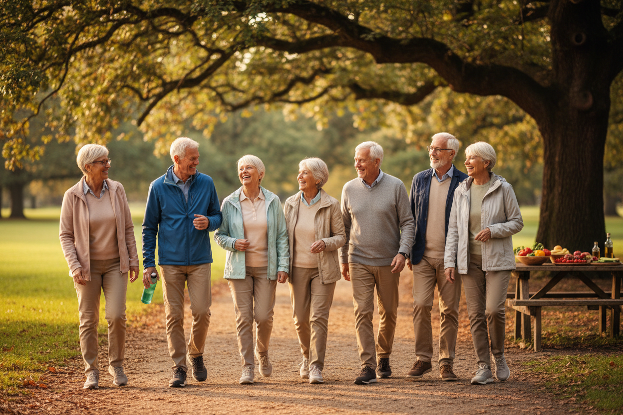 Un groupe de seniors marchant ensemble dans un parc ensoleillé, combinant activité physique et lien social pour protéger leur cerveau.