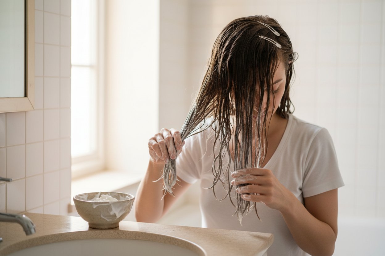 Femme appliquant un masque capillaire maison sur cheveux humides après le shampooing dans une salle de bain lumineuse.