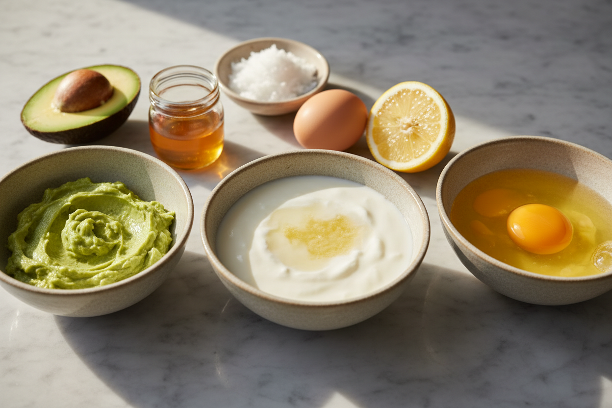 Trois bols de masques capillaires maison préparés avec avocat, yaourt citron et jaune d'œuf huile de coco.