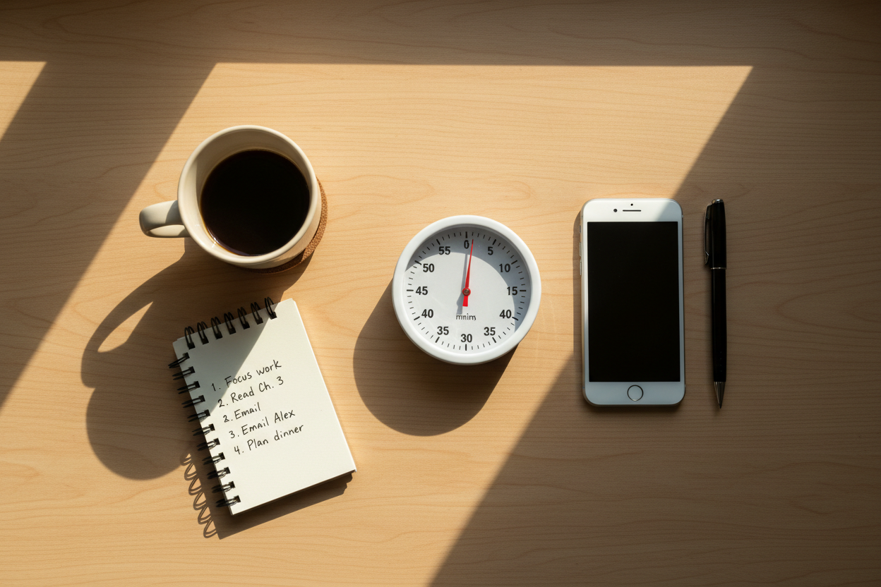 Bureau organisé avec minuteur, carnet et café illustrant des méthodes pratiques contre la procrastination.