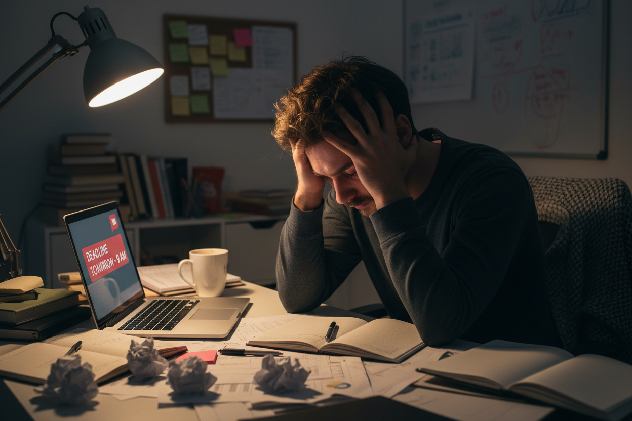 Personne épuisée et stressée devant un bureau encombré, illustrant les conséquences physiques et professionnelles de la procrastination chronique.