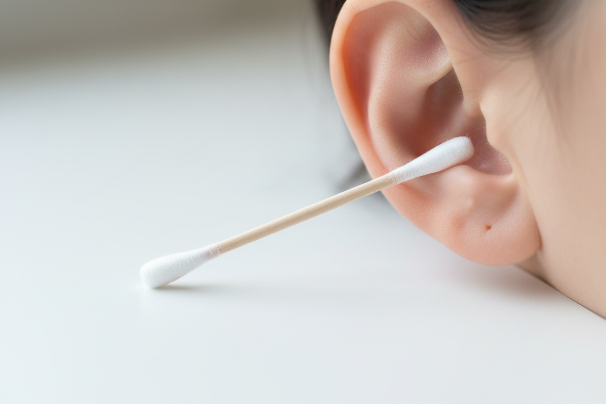 Un coton-tige posé près d'une oreille, illustrant le risque du nettoyage inapproprié du conduit auditif.