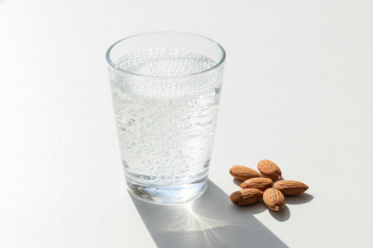 Verre d'eau minérale pétillante avec des amandes, illustrant les apports en magnésium quotidiens.