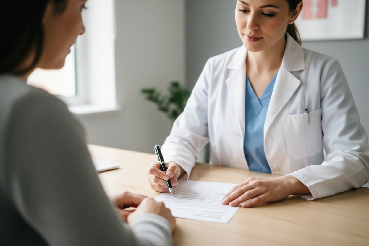 Médecin et patient en consultation médicale, examinant ensemble un formulaire de contre-indications avant un traitement veineux.
