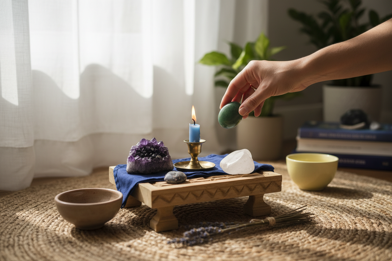 Coin de méditation aménagé avec des cristaux colorés, une bougie bleue et des éléments naturels choisis avec intention.