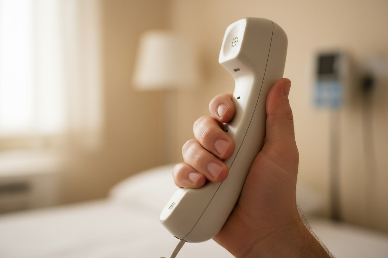 Une personne tient un téléphone pour contacter un médecin ou le Centre Antipoison en cas d'urgence cutanée.
