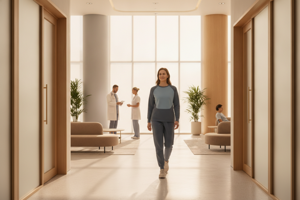 Personne marchant avec aisance dans un intérieur lumineux, évoquant le confort de mouvement et le bien-être physique.