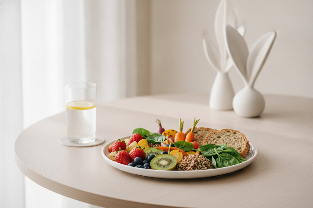 Assiette saine et élégante avec aliments frais, ambiance bien-être et lumière naturelle.