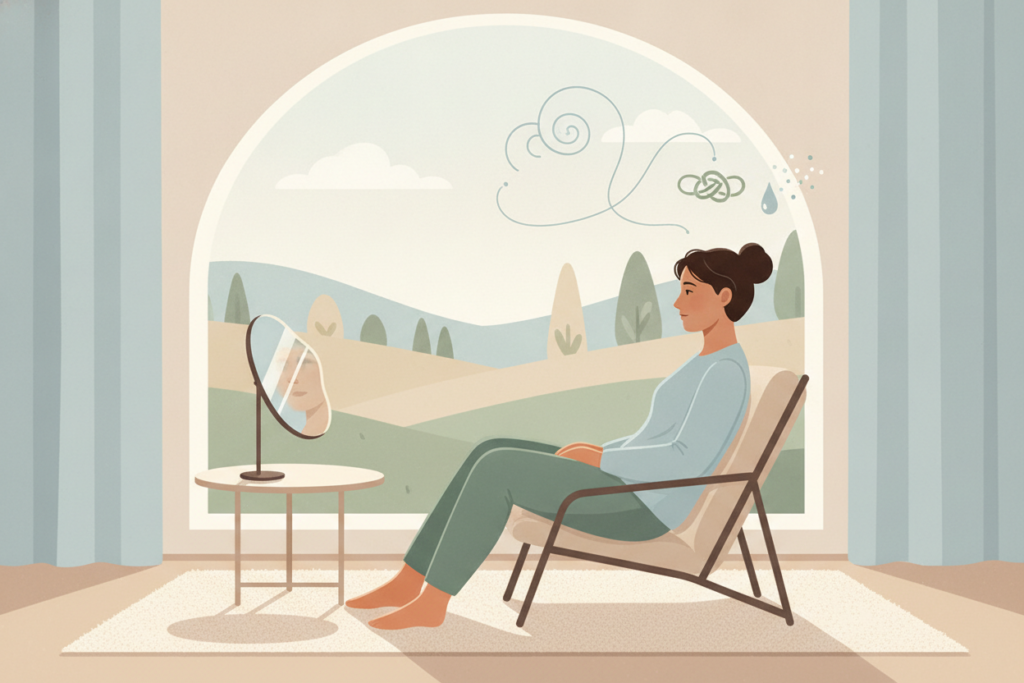 Illustration apaisante d’une personne en réflexion, dans un univers doux évoquant le bien-être mental et l’équilibre émotionnel.