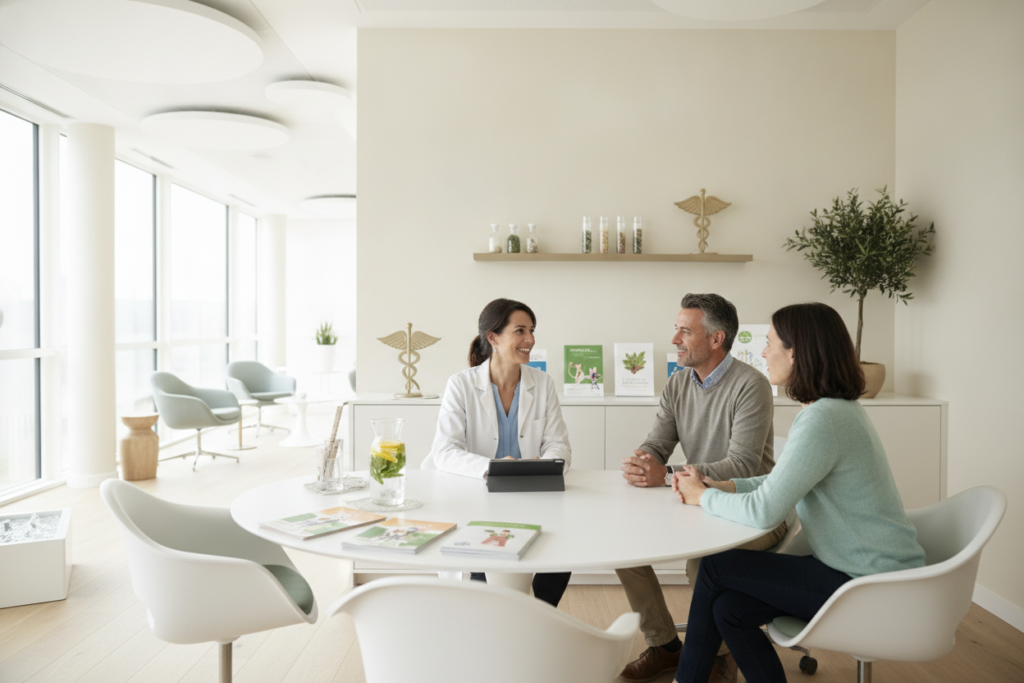 Femme et homme en consultation bien-être dans un cabinet médical lumineux, ambiance rassurante et professionnelle.