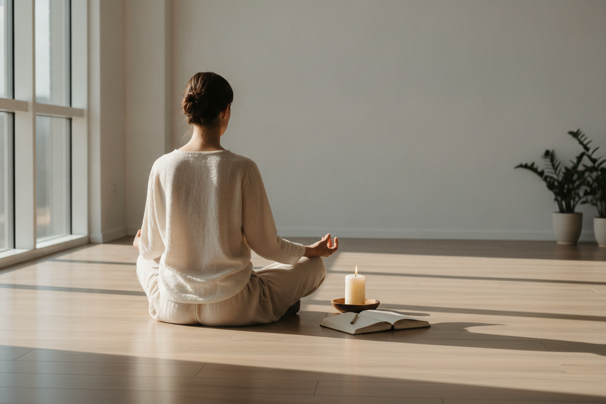 Femme en méditation entourée de lumière naturelle, bougie et journal dans une atmosphère zen et contemplative.